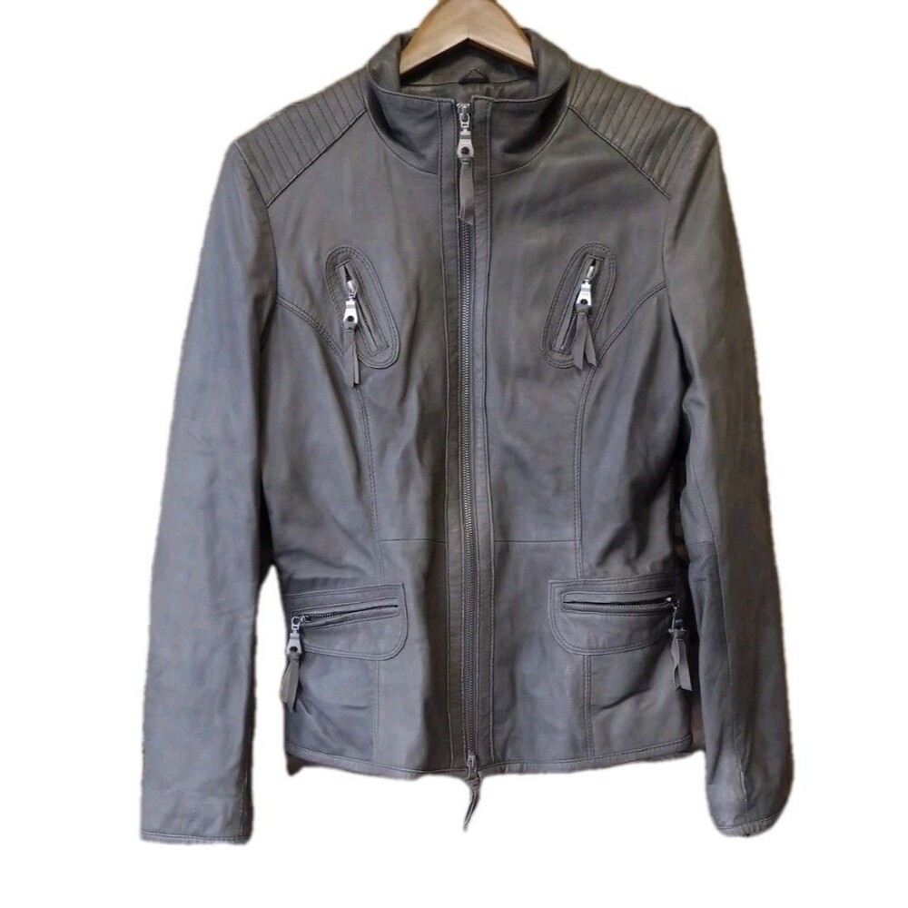 Arma Collection Distressed Lamb Leather Moto Jacket Gray UK18 US14 Quilted